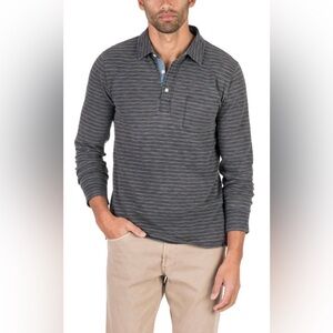 Faherty Men's Black Long Sleeve Indigo Stripe Polo Organic Cotton Size Large